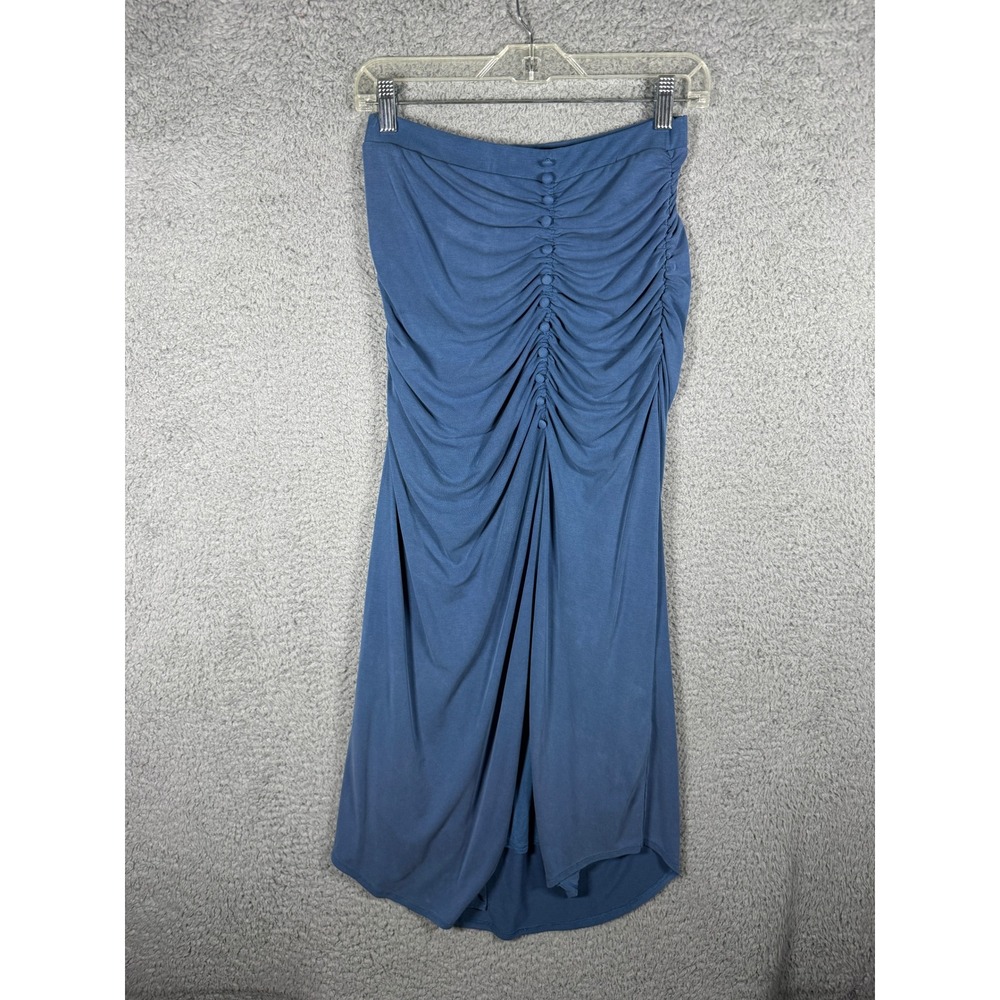 Anthropologie Blue Ruched Button Front Midi Skirt Small Asymmetrical Modal Blend